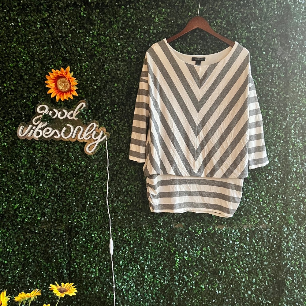 White House Black Market Gray and White Striped Blouse